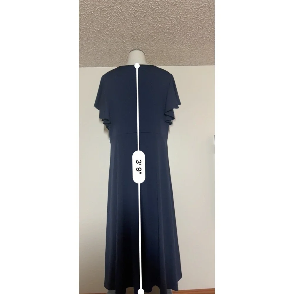 Midi Wrap Dress Women 1XL Navy Blue Good High-Low Ruffle Sleeve Gold Buckle NWOT